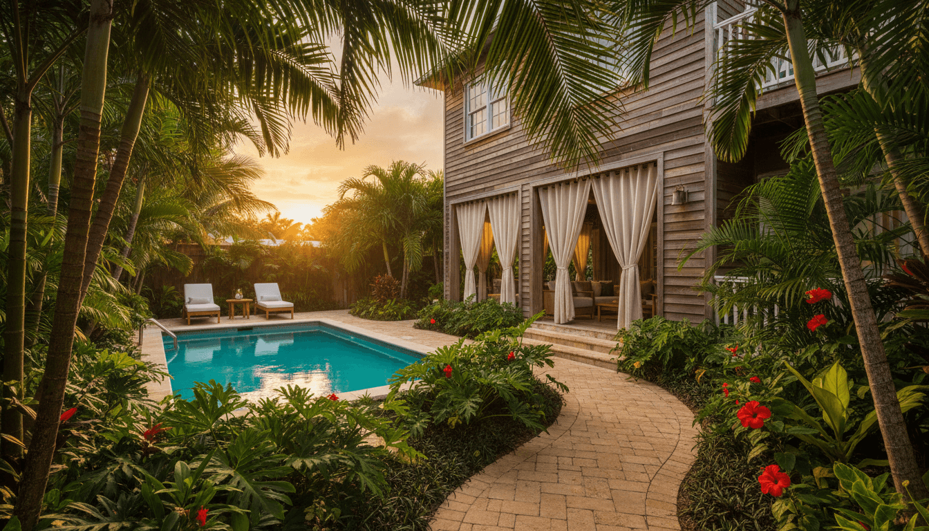 A warm, sophisticated editorial aesthetic wide shot of a beautifully maintained Key West courtyard at golden hour. Lush tropical greenery, palm fronds, and a sparkling pool frame a chic, boutique-style guesthouse with natural wood and linen textures. The scene is inviting and serene, with soft sunlight filtering through the leaves and casting gentle shadows on warm stone.