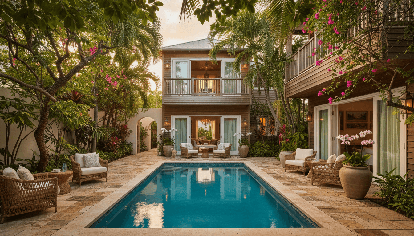 A warm, sophisticated editorial aesthetic wide shot of a beautifully maintained Key West courtyard at golden hour
