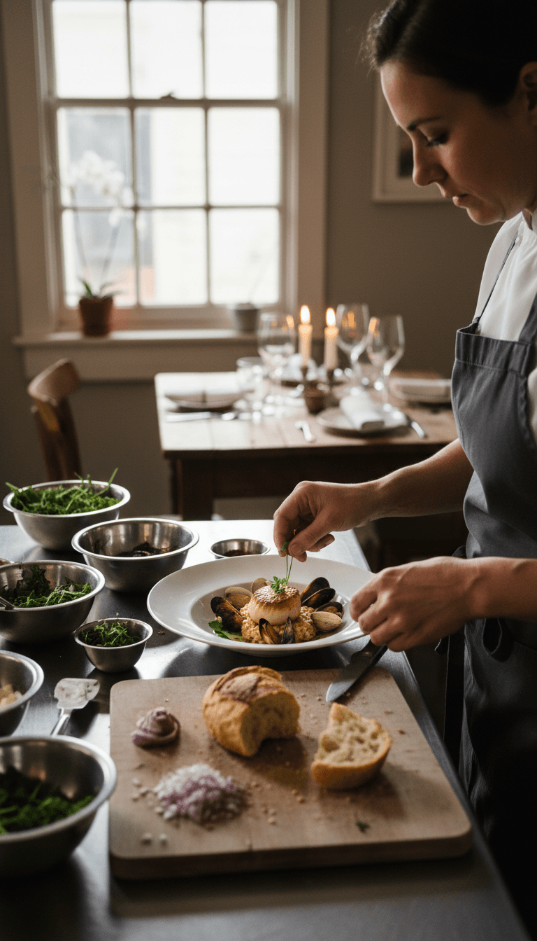 A chef plating a seafood course before a private dinner