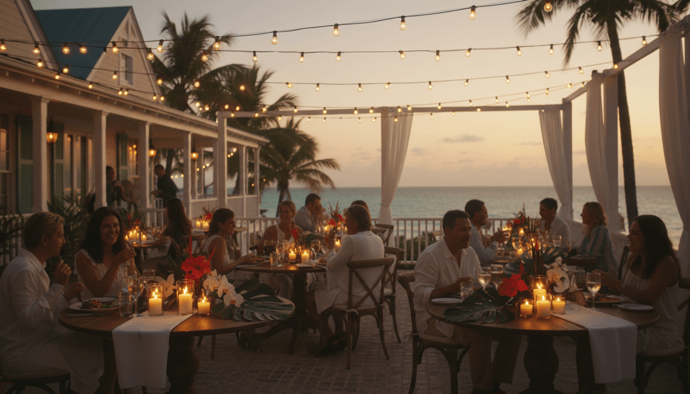 Candlelit dinner table set for an intimate evening gathering on a tropical Key West veranda at dusk