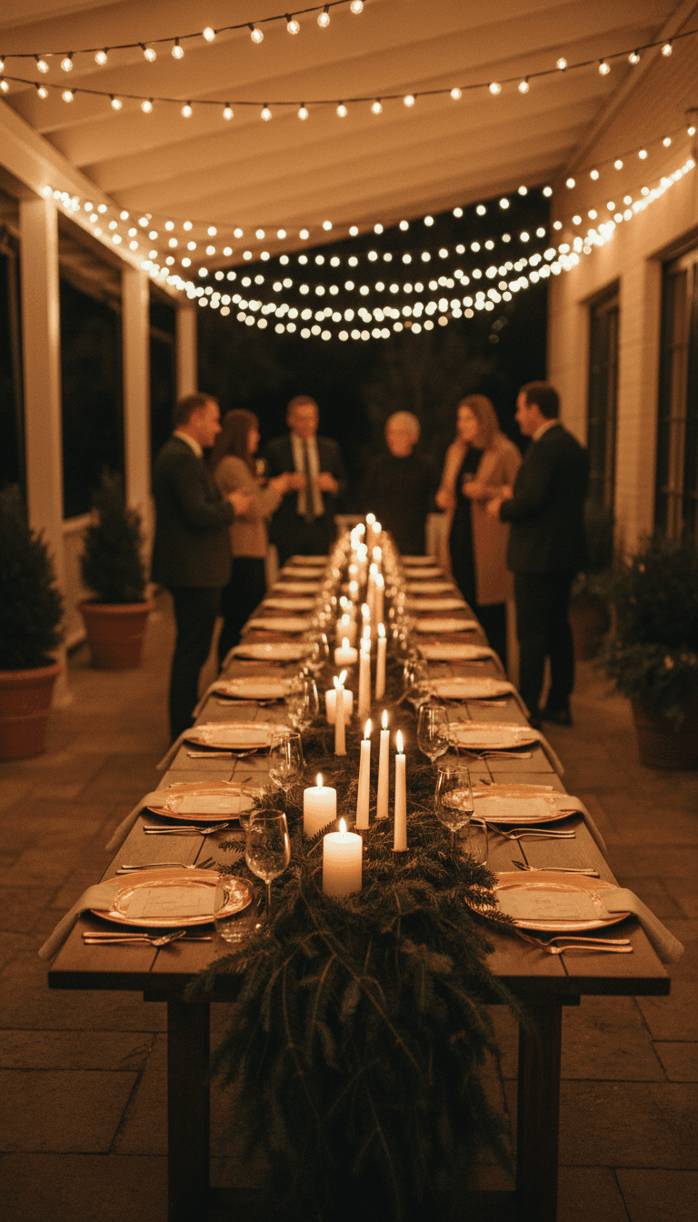 A holiday table set with greenery and candles on a covered terrace