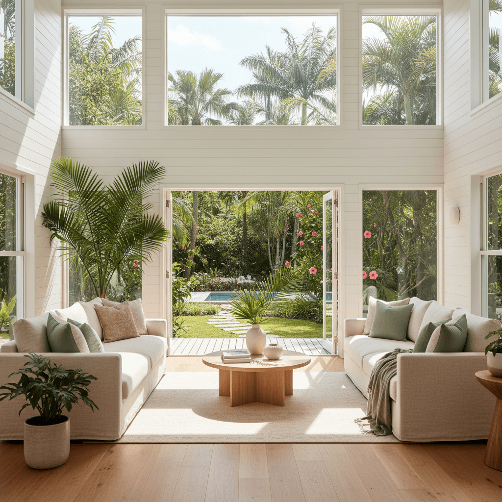 Sunlit boutique vacation rental interior with tropical garden view