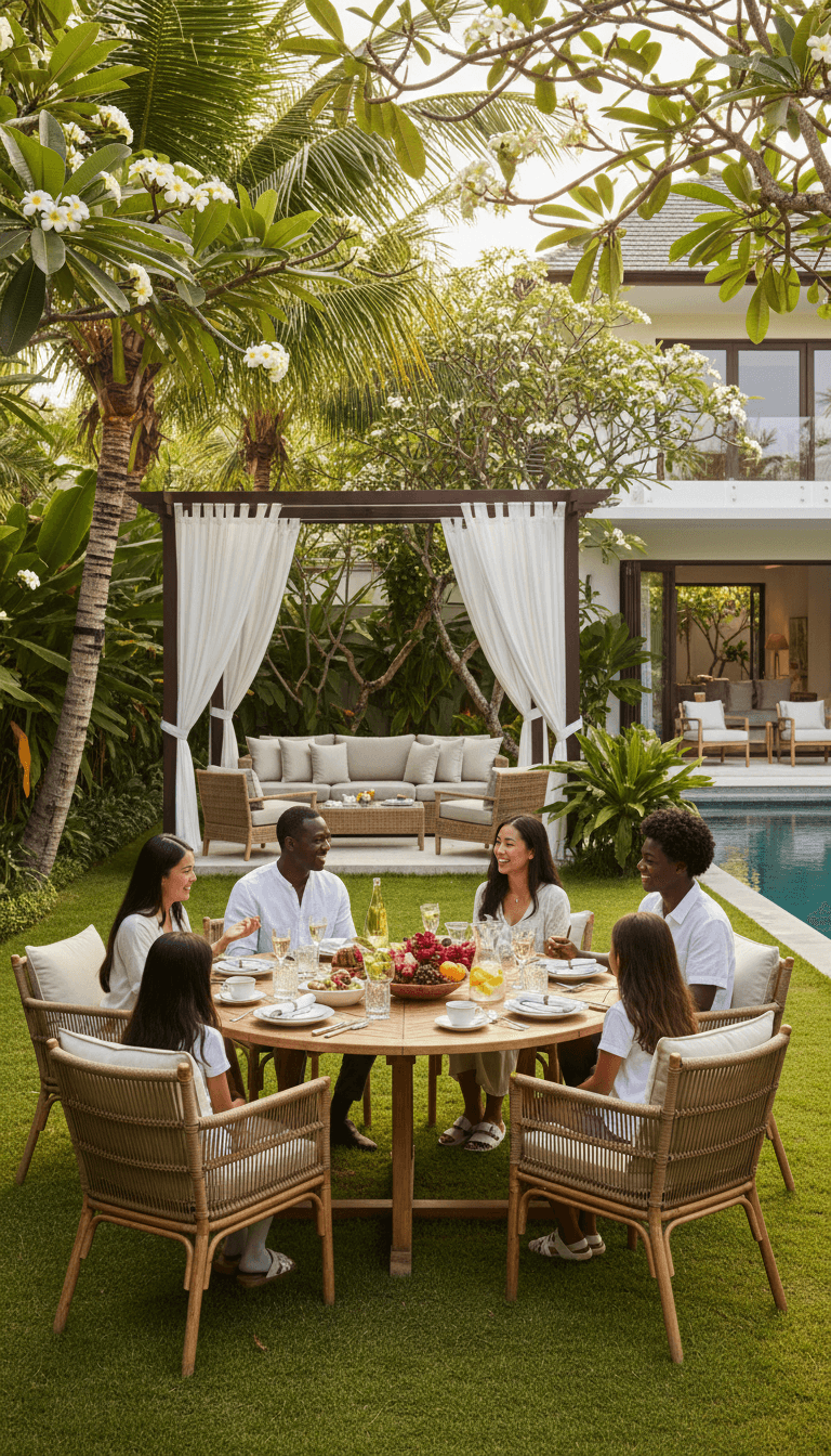 A relaxed family gathering on a shaded lawn in the afternoon