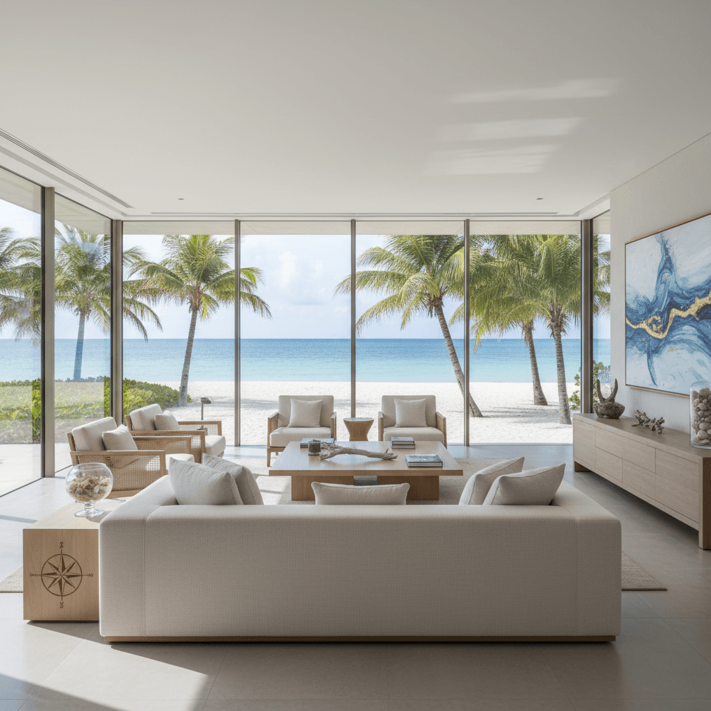 Spacious beachfront villa interior with floor-to-ceiling windows overlooking turquoise ocean and sandy beach