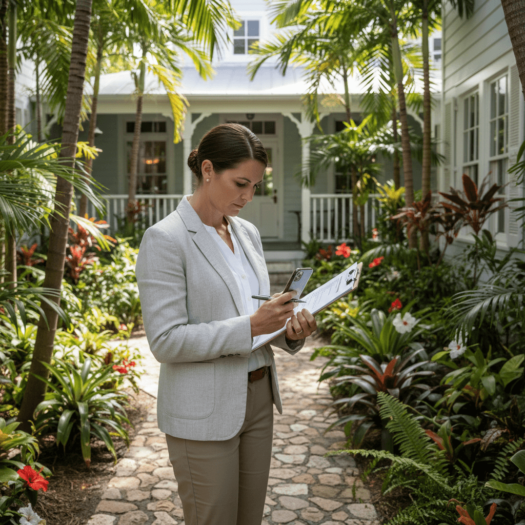 Property manager's hands holding a clipboard and smartphone reviewing a checklist in a tropical courtyard