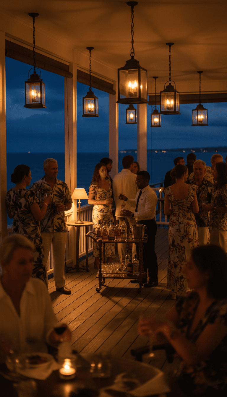 A cocktail evening on a waterfront veranda with warm lantern light