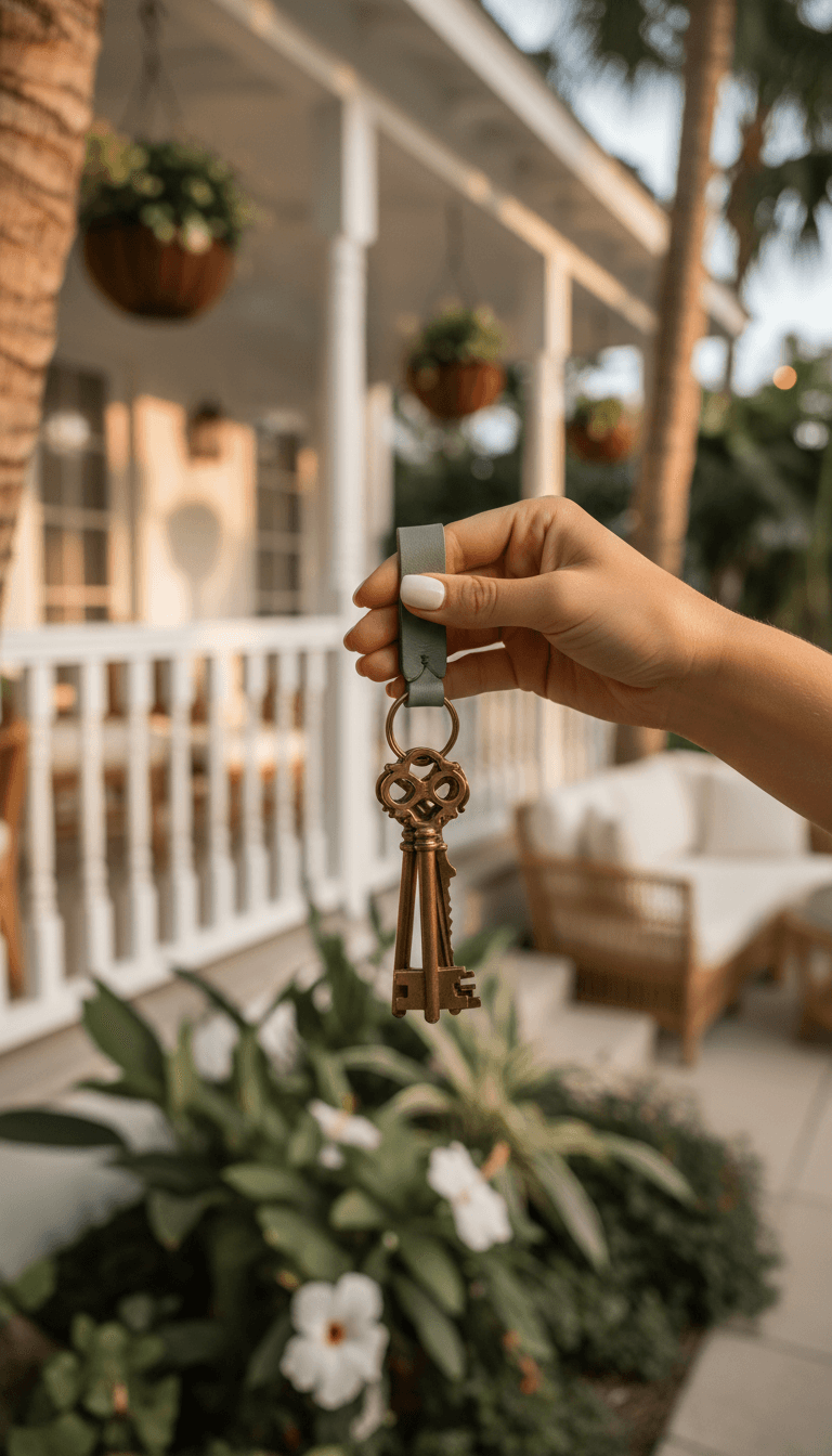 Hand holding keys in front of a tropical property