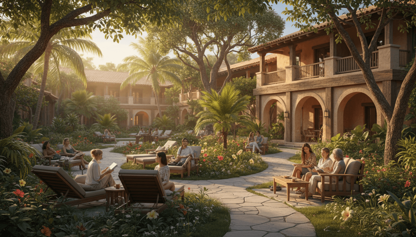 A calm, sophisticated tropical garden courtyard at a boutique property, with natural stone pathways, lush green palms, and warm sunlight filtering through the leaves, creating a serene and inviting atmosphere for a property management consultation.