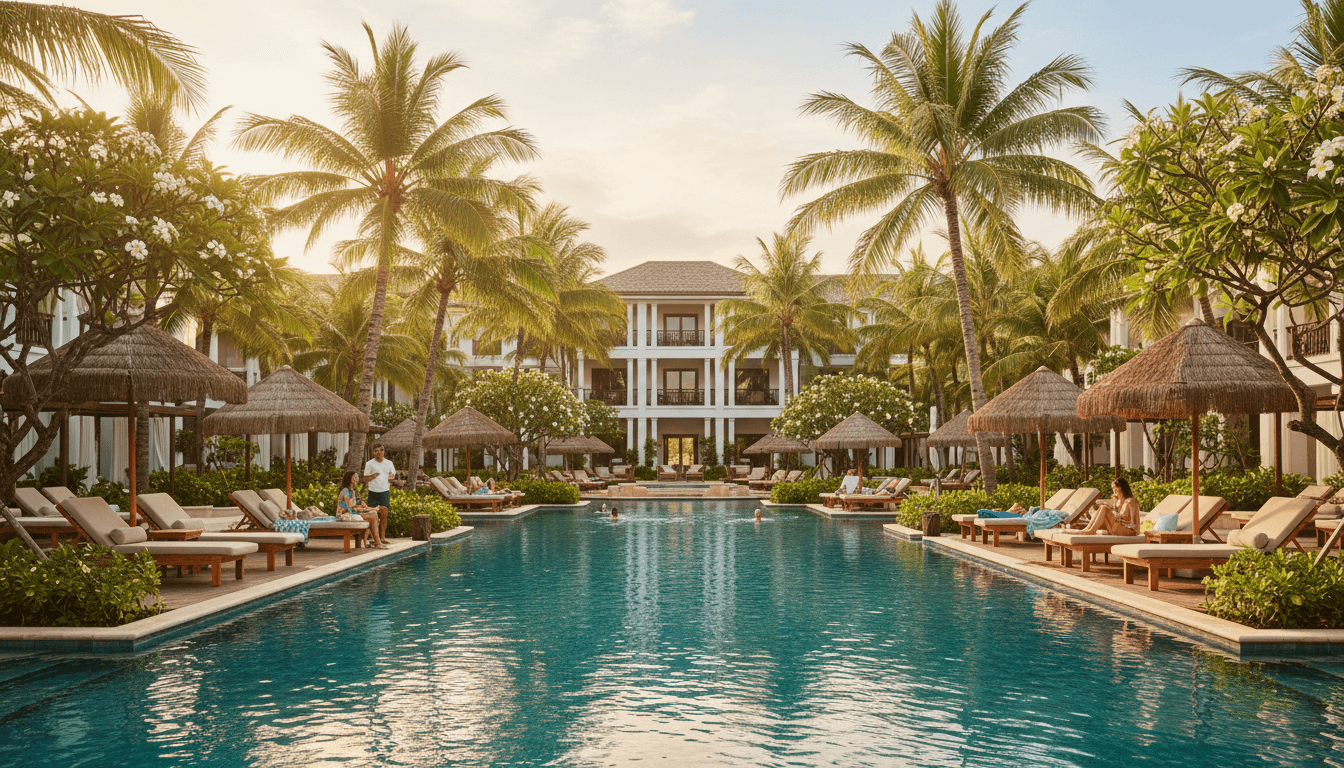 Expansive resort pool area with guests relaxing on loungers, surrounded by tropical landscaping and colonial architecture in soft golden light
