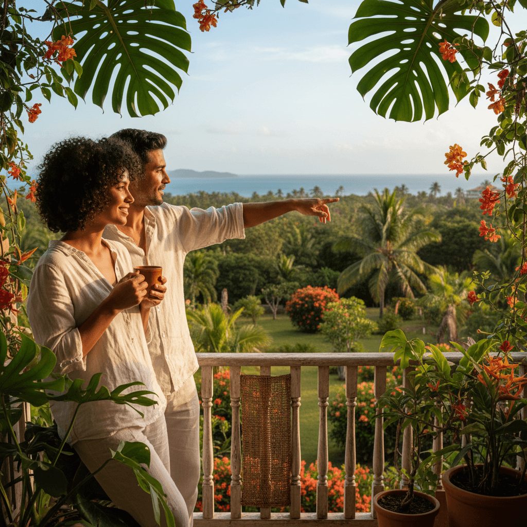 Hands arranging tropical flowers in a sunlit vacation rental in Key West