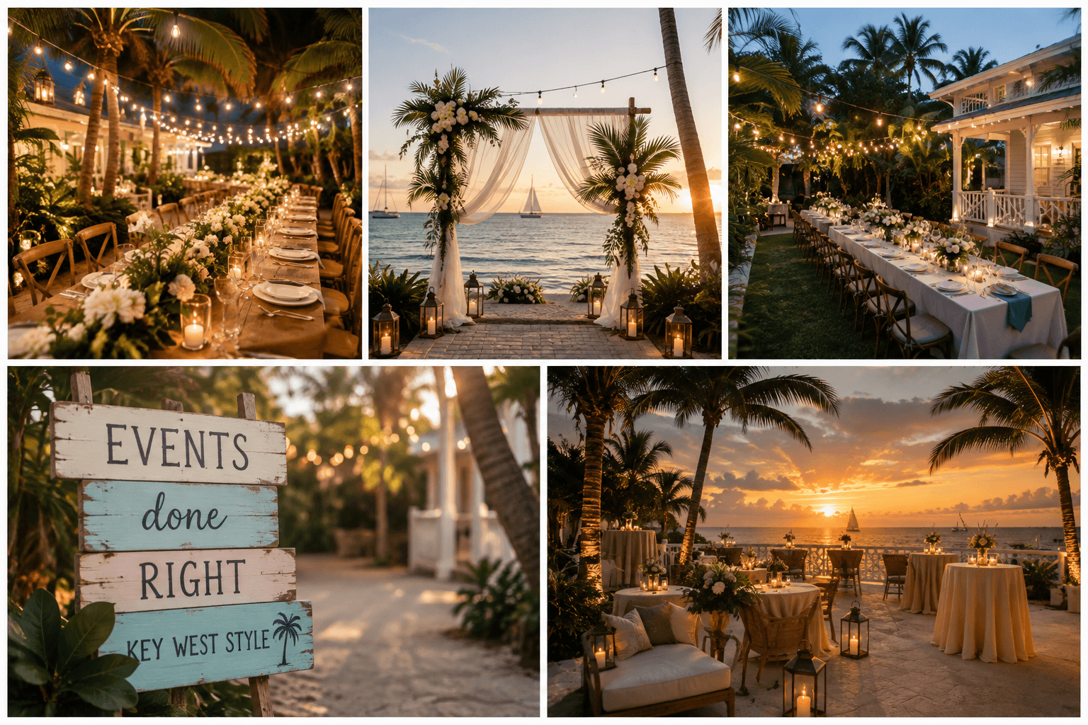 Key West event collage featuring sunset beach ceremonies, elegant outdoor dining, and tropical decor.