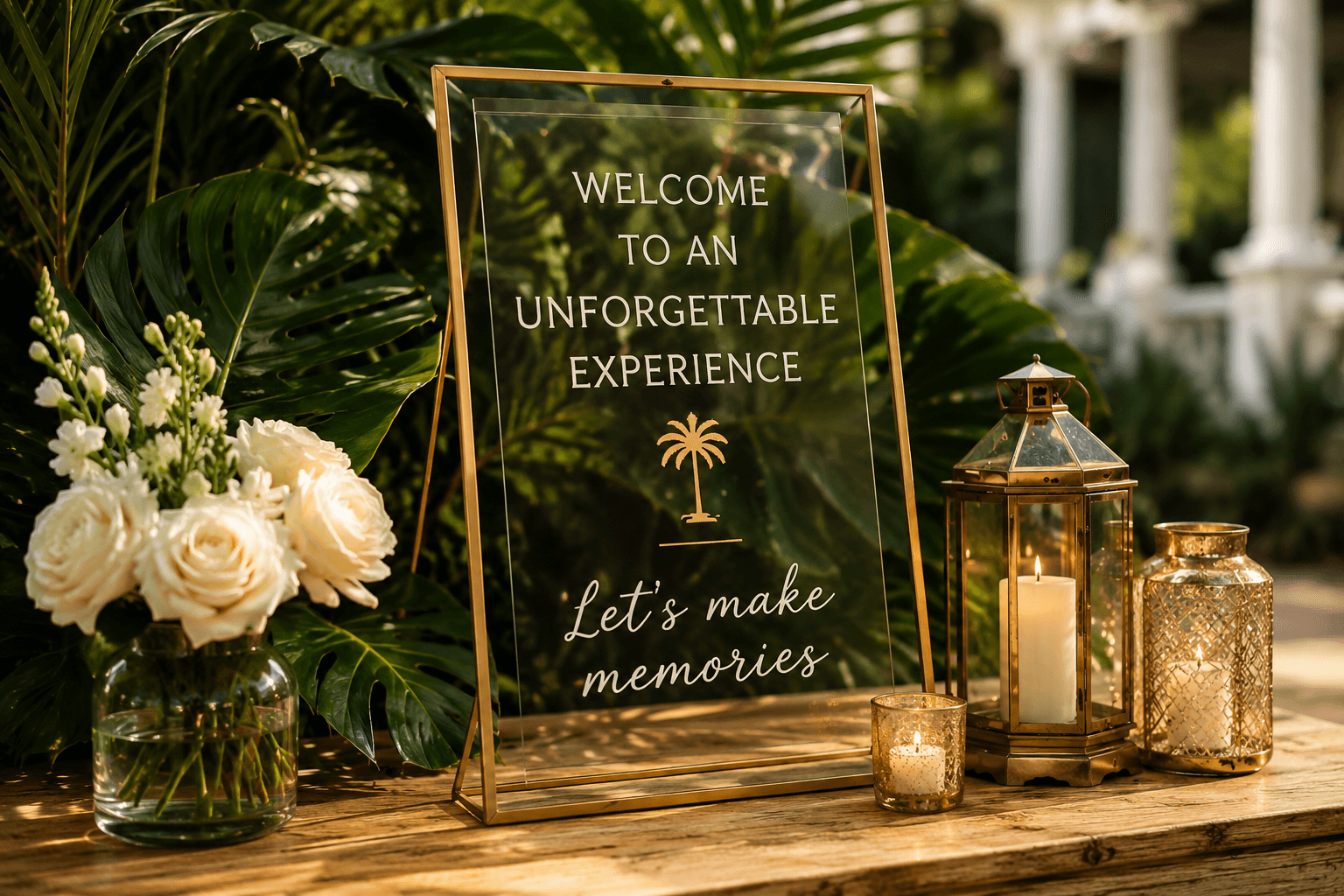 Gold-framed acrylic welcome sign with white roses and glowing lanterns among lush tropical greenery.