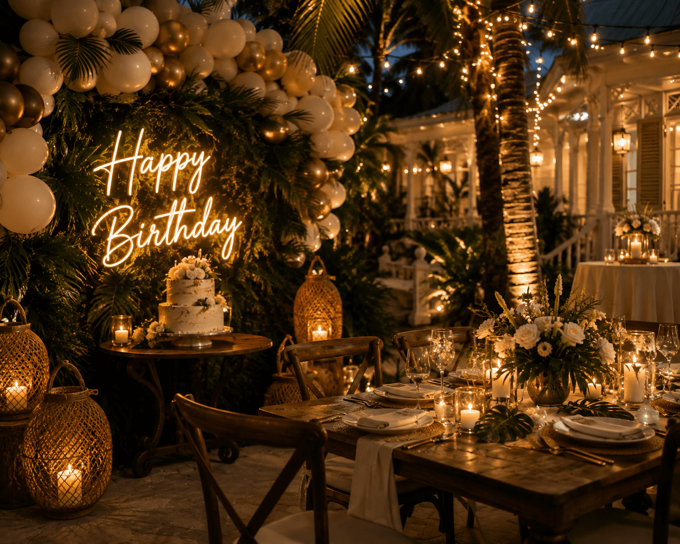 Elegant outdoor birthday dinner with neon sign, white balloons, tiered cake, and candlelit wooden table.